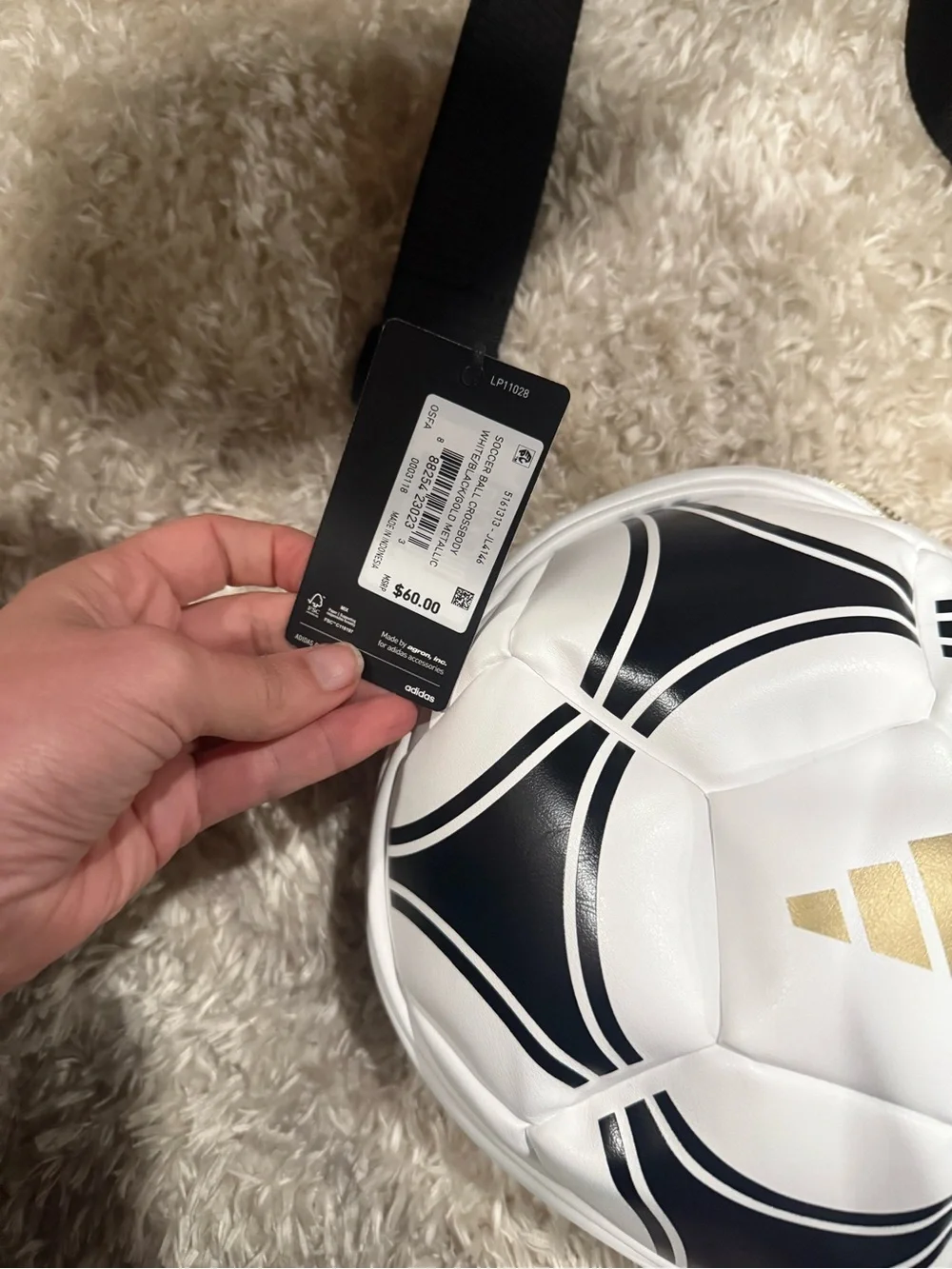 adidas White and Black Soccer Ball Crossbody Bag with Gold Accent